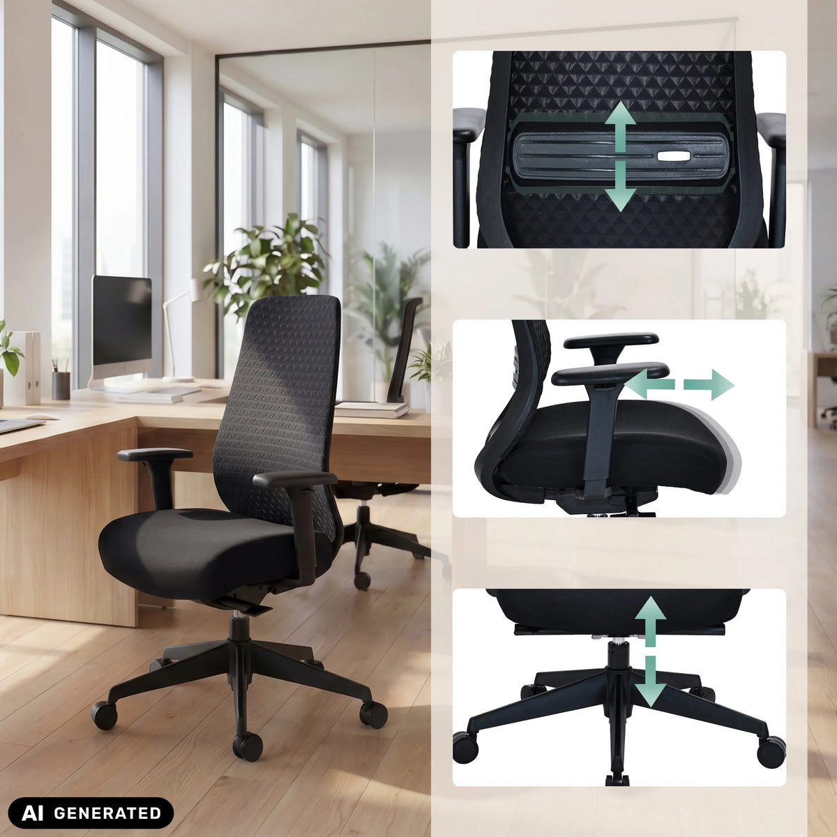 Height-adjustable features of the Professional Office Chair Verviq in black by hjh OFFICE (AI-generated image)