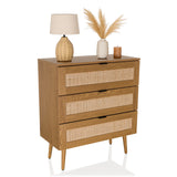 Chest of drawers BOHEO K made of oak with three woven fronts and tapered legs by hjh LIVING
