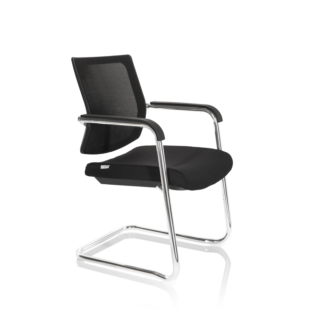 Black Cantilever chair LEVIA V with mesh back, armrests and sled base by hjh OFFICE – 360-degree view (front three-quarter view 60°)