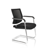 Black Cantilever chair LEVIA V with mesh back, armrests and sled base by hjh OFFICE – 360-degree view (front three-quarter view 60°)