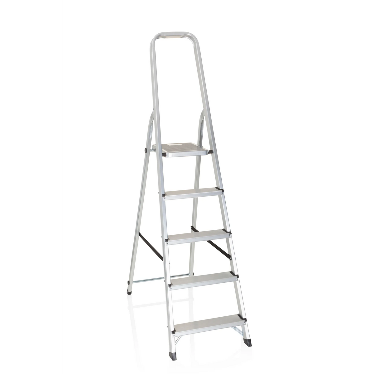 Silver aluminium Folding Ladder SOLID III with five steps and handle by hjh OFFICE – 360-degree view (front view 20°)