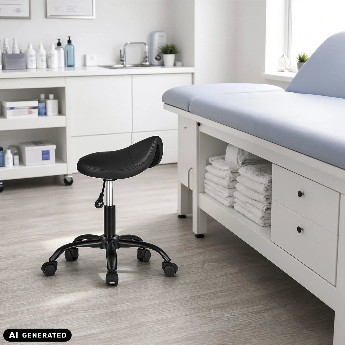 Black Sattix saddle stool with five castors in a treatment room by hjh OFFICE (AI-generated image)