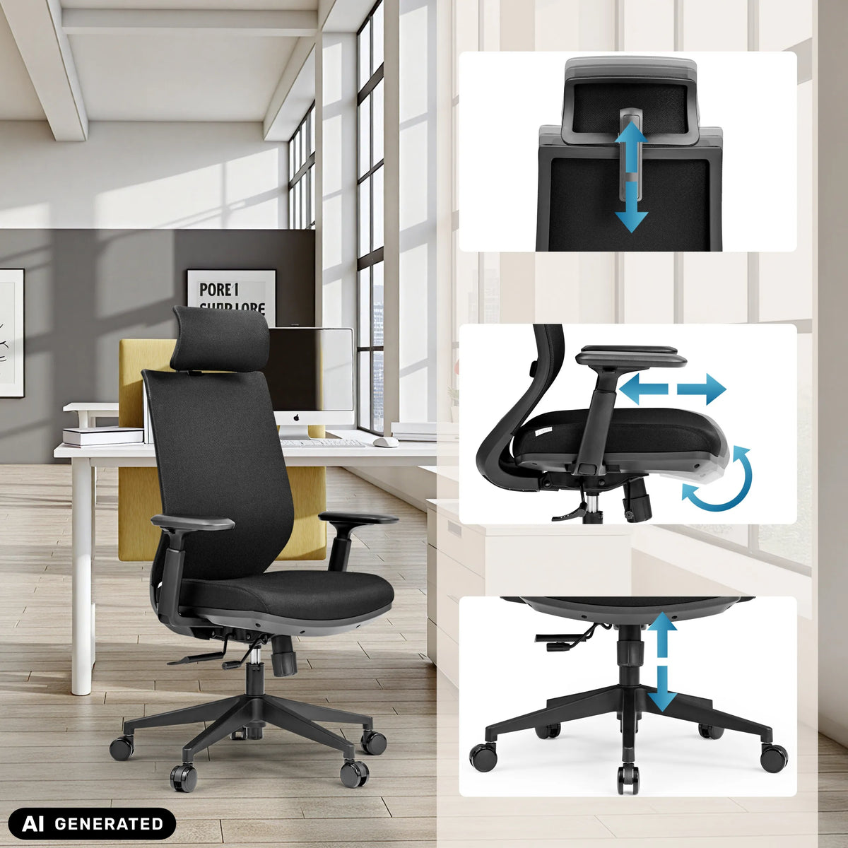 Adjustable headrest, armrests and seat height of the Professional Office Chair Profondo F by hjh OFFICE (AI-generated image)