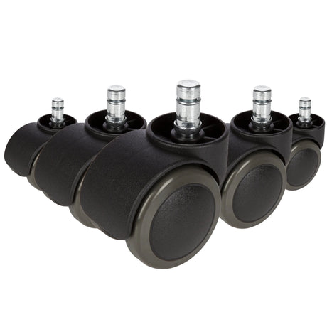 Five black 5x ROLO 10mm/50mm Castors for hard floors with silver-coloured bolts by hjh OFFICE