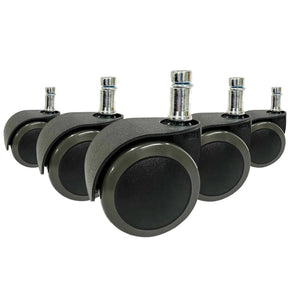 Five black Castors 5x ROLO EASY 10mm/50mm for hard floors with silver-coloured metal pins by hjh OFFICE