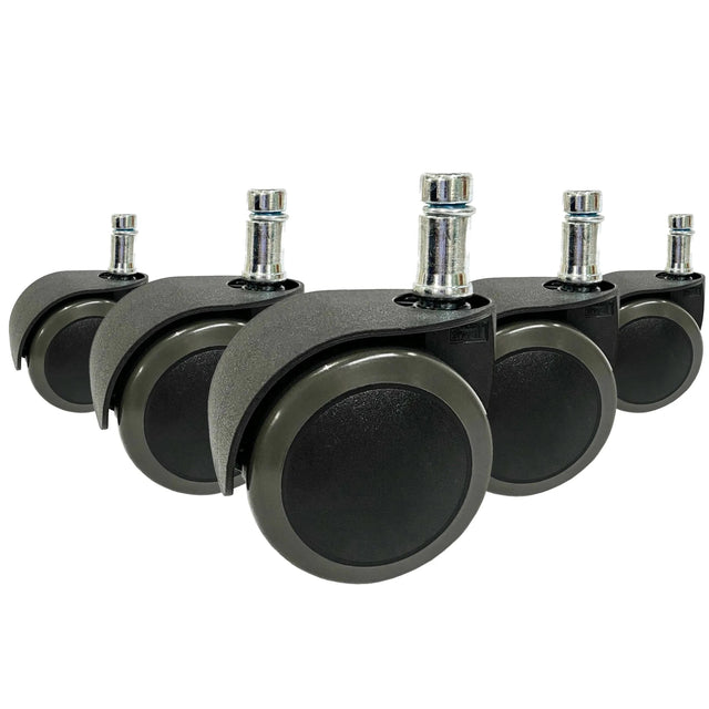 Five black Castors 5x ROLO EASY 10mm/50mm for hard floors with silver-coloured metal pins by hjh OFFICE