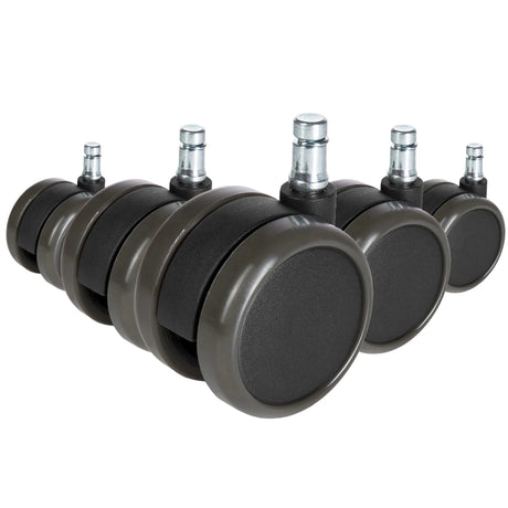 Five black Castors 5x ROLO FREE 10mm/65mm for hard floors with silver metal pins by hjh OFFICE