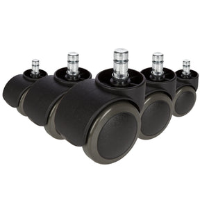 Five black Castors 5x ROLO No-Noise 11mm/50mm for hard floors with metal pins by hjh OFFICE