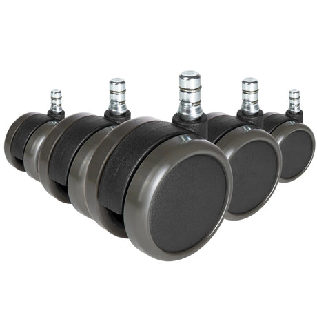 Five black Castors 5x ROLO No-Noise 11mm/65mm for hard floors with silver-coloured bolts by hjh OFFICE