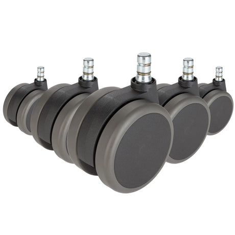 Five black Castors 5x ROLO No-Noise 11mm/75mm for hard floors with silver metal pins by hjh OFFICE