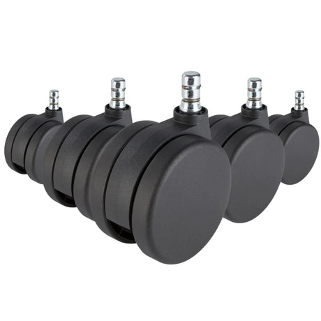 Five black 5x ROLO No-Noise 11mm/75mm Castors for carpets with silver-coloured metal pins by hjh OFFICE