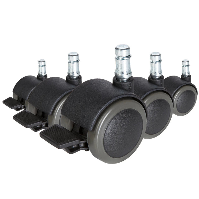Five black Castors 5x ROLO STOP 10mm/50mm for hard floors with silver metal pins by hjh OFFICE
