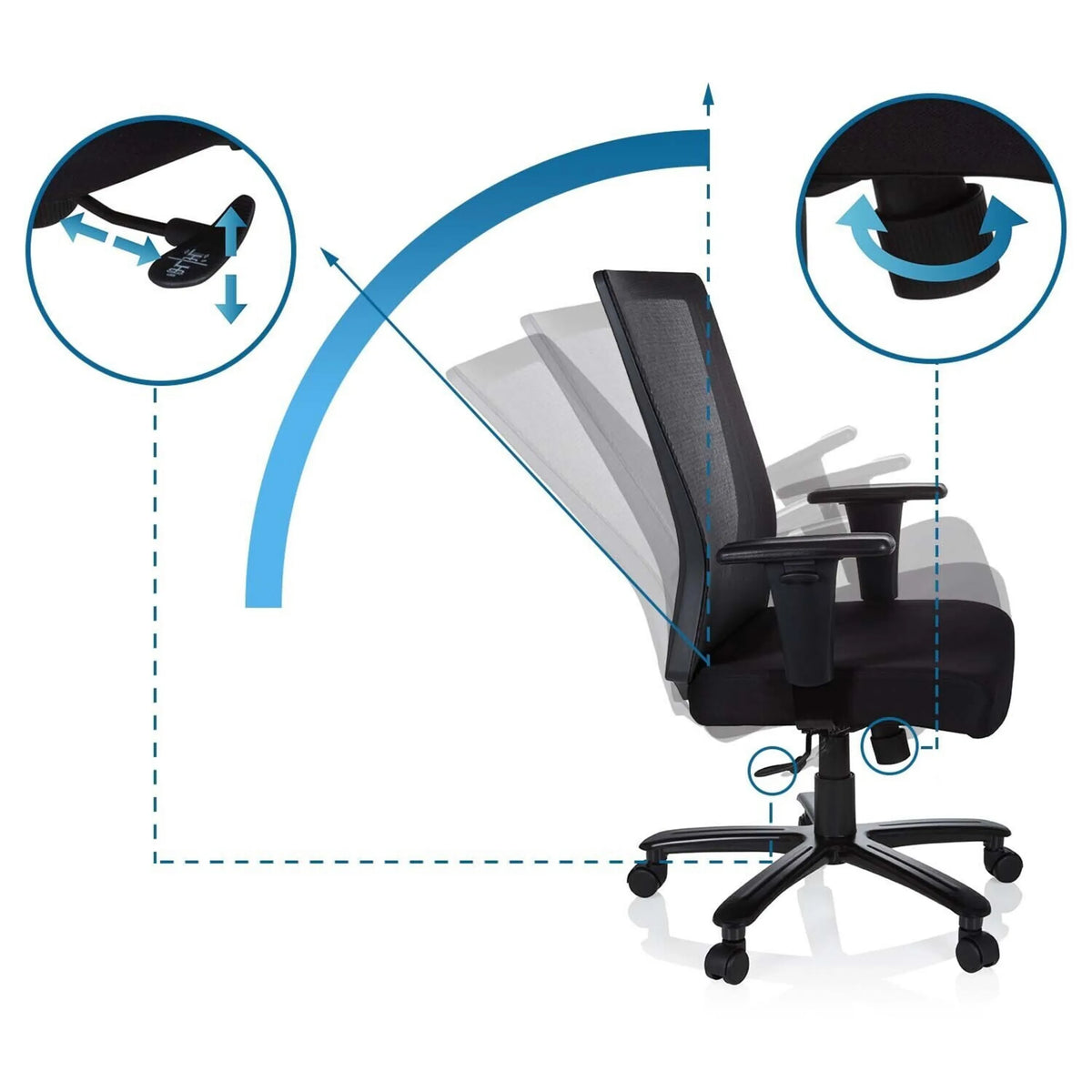 Adjustment mechanisms for backrest and seat height of the Swivel Chair XXL EXTENDER by hjh OFFICE