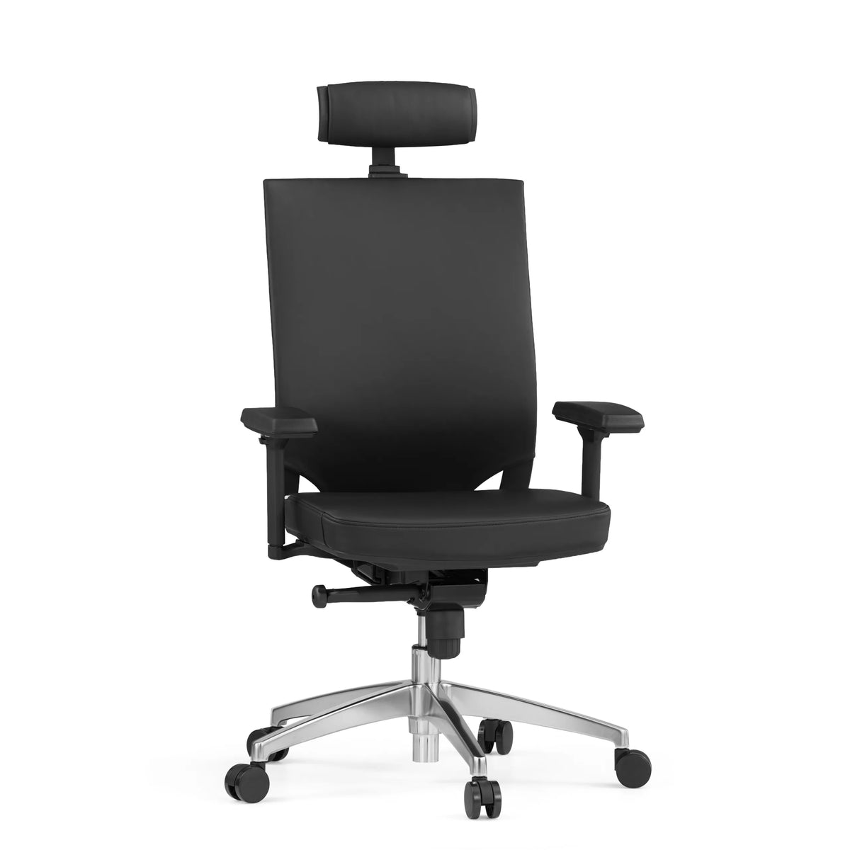 Black Professional Office Chair PORTO MAX HIGH made of leather with headrest and five-caster base by hjh OFFICE – 360-degree view (front view 15°)