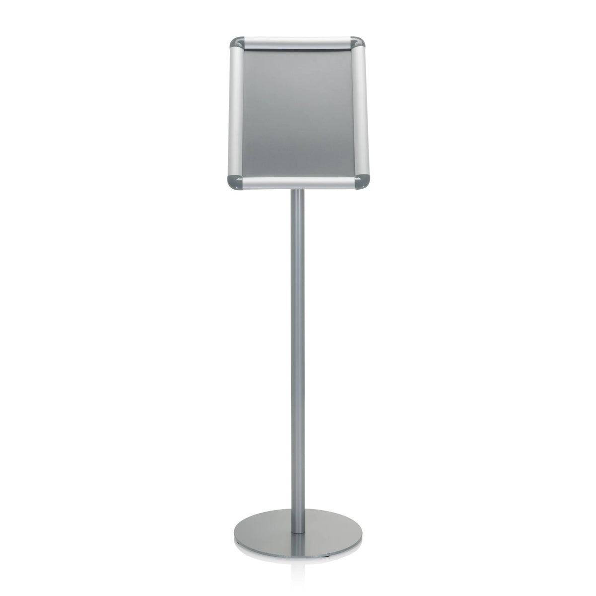 Silver Poster stand AGENDA I with square frame and round base by hjh OFFICE – 360-degree view (front view 0°)