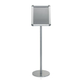 Silver Poster stand AGENDA I with square frame and round base by hjh OFFICE – 360-degree view (front view 0°)