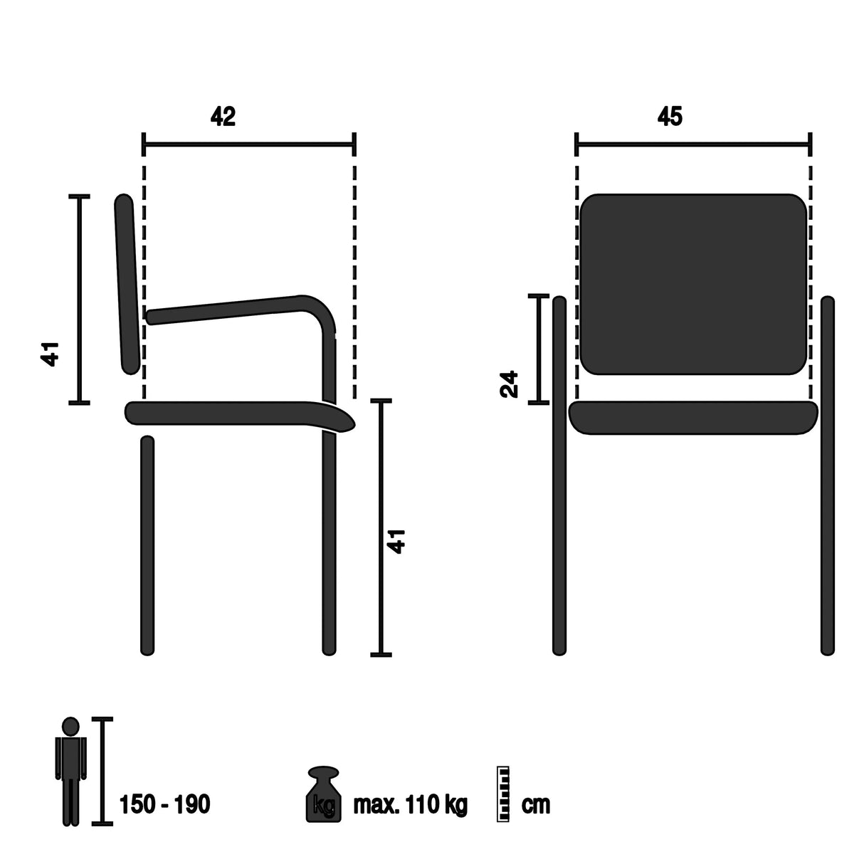 Technical drawing of the Outdoor chair BEGIO L with a width of 45 cm by hjh LIVING
