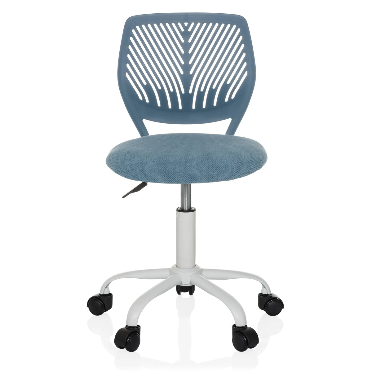 Blue Swivel Chair – Children KID QW with perforated backrest and white five-caster base by hjh OFFICE – 360-degree view (front view 0°)