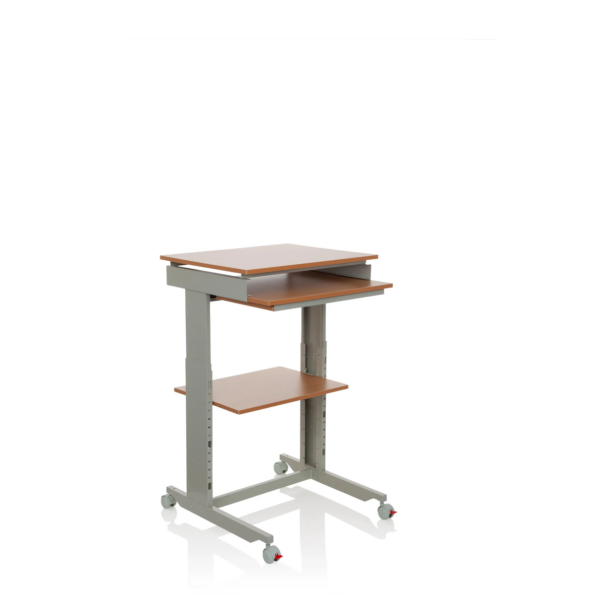 Grey Standing desk WORKSTATION in beech with storage area and four castors by hjh OFFICE – 360-degree view (front three-quarter view 40°)