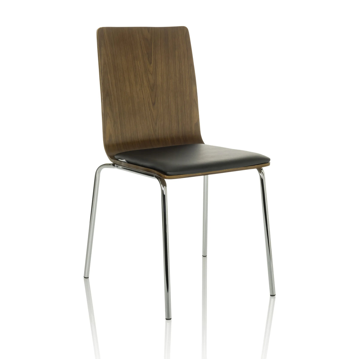 Black guest chair PERIA with brown wooden backrest and chromed legs by hjh OFFICE – 360-degree view (front three-quarter view 30°)