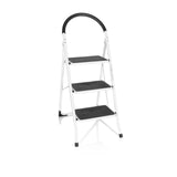 White Folding Ladder SOLID W2 with three steps and a safety handle by hjh OFFICE – 360-degree view (front view 20°)