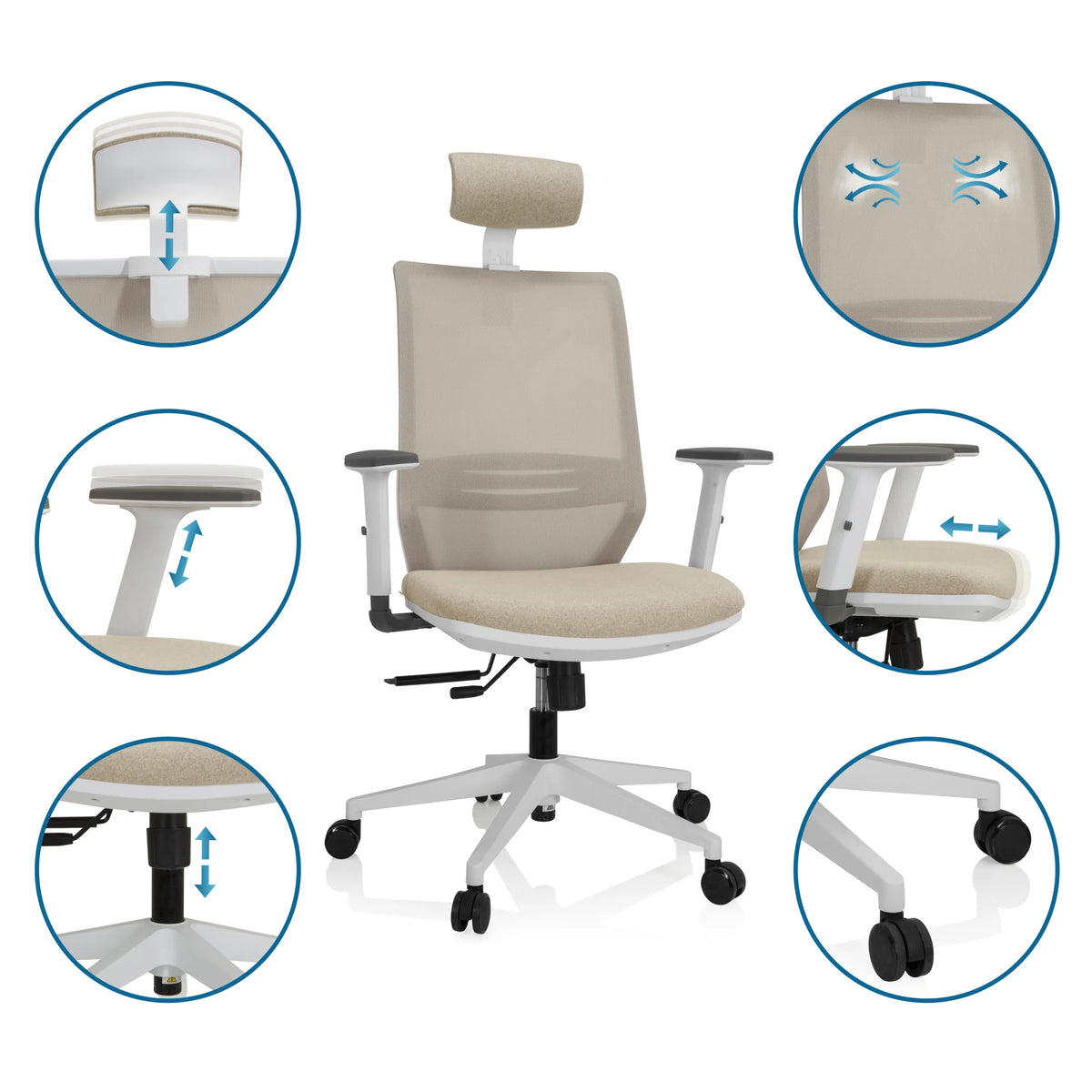 Adjustable features of the Professional Office Chair PROFONDO PRO W in beige with headrest and castors by hjh OFFICE