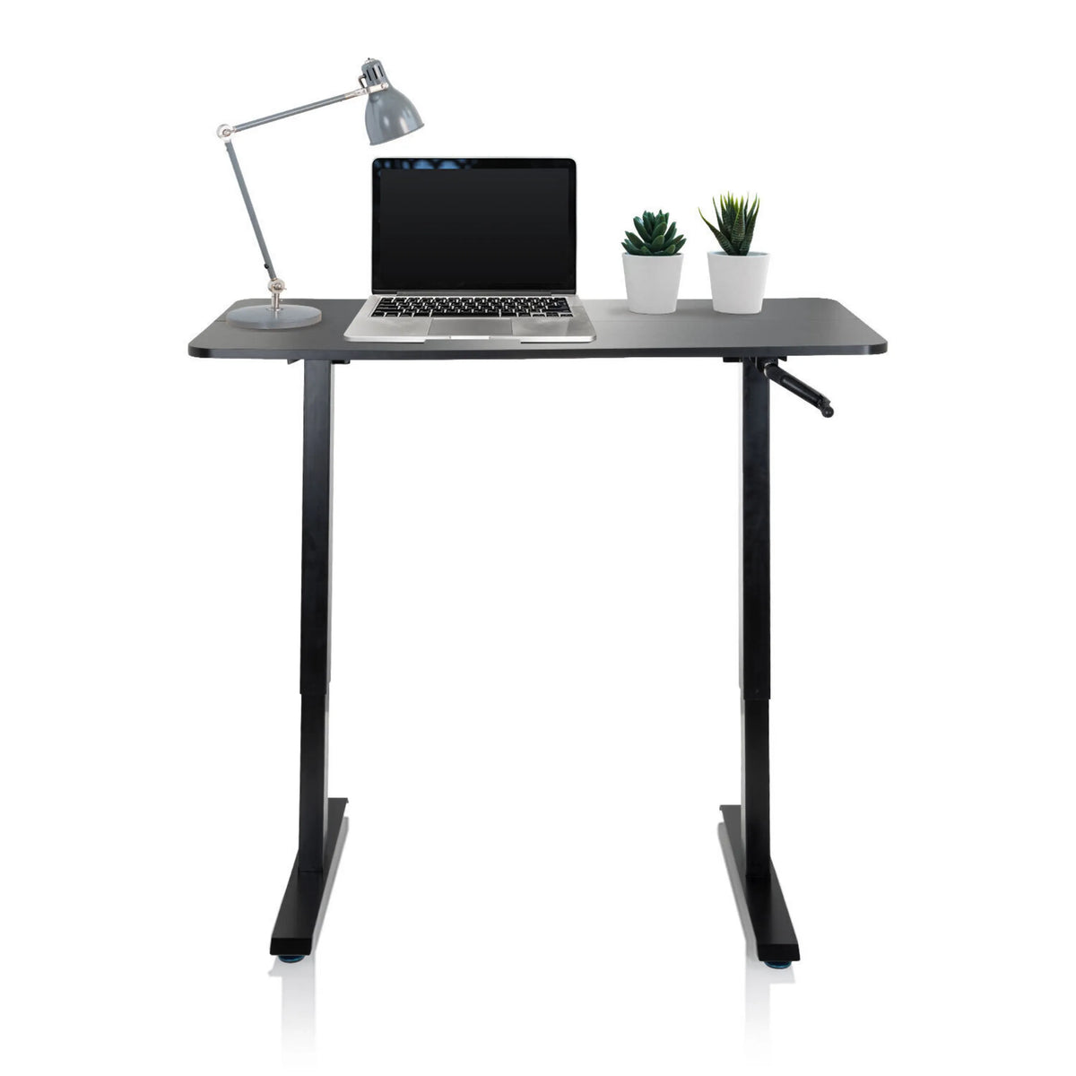 Black Standing desk STAND CR with laptop, desk lamp and two small plants by hjh OFFICE