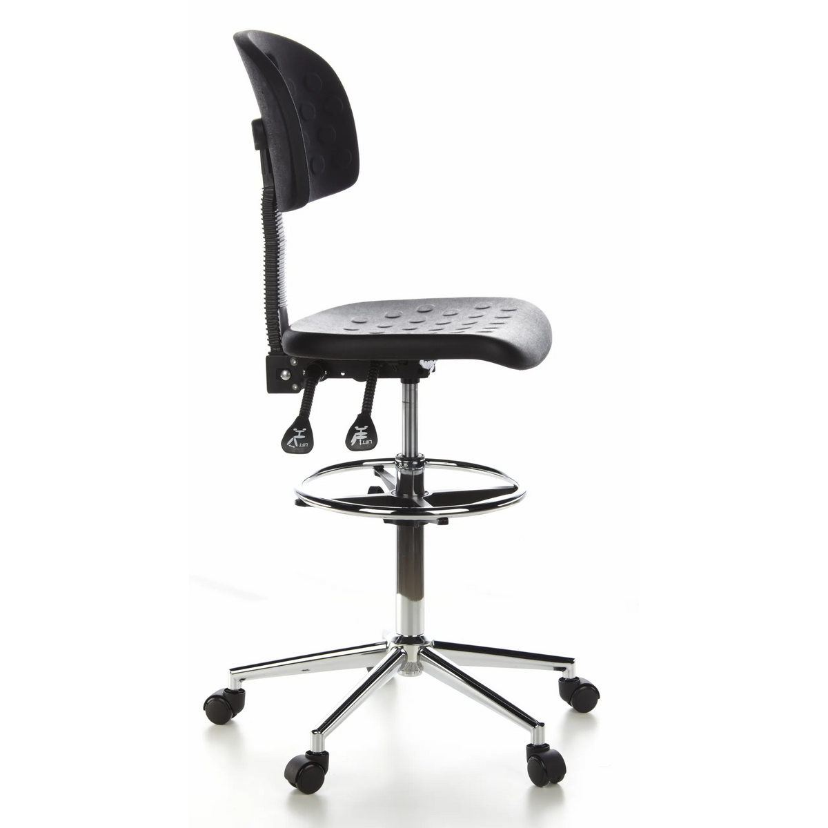 Black Counter chair TOP WORK 23 with foot ring and five-caster base by hjh OFFICE – 360-degree view (side profile 80°)
