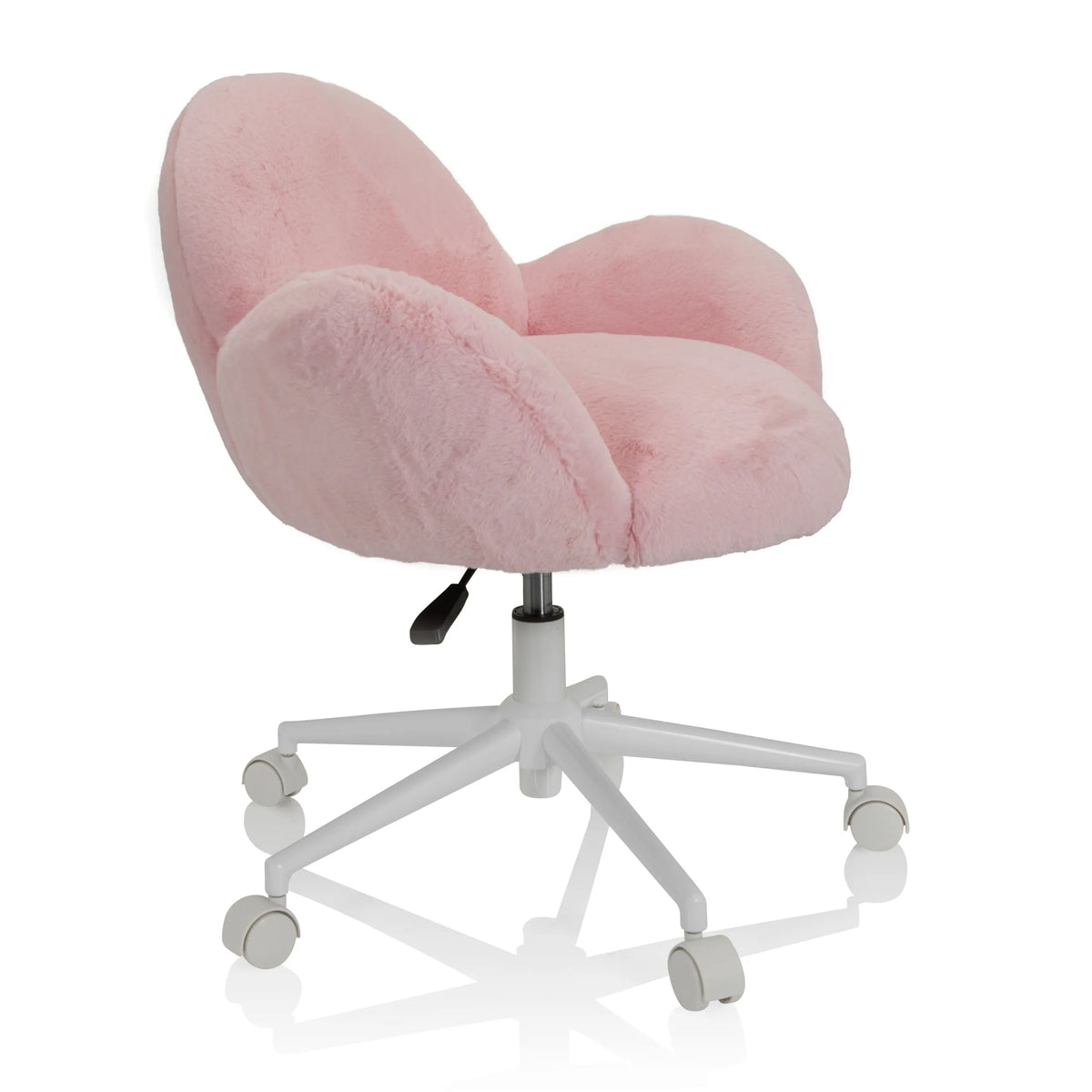 Pink Swivel Chair – Children KID TEDDY with fluffy cover and white five-caster base by hjh OFFICE – 360-degree view (front three-quarter view 60°)