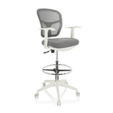 Grey TOP WORK 108 W counter chair with mesh back, footring and white five-caster base by hjh OFFICE – 360-degree view (front three-quarter view 40°)