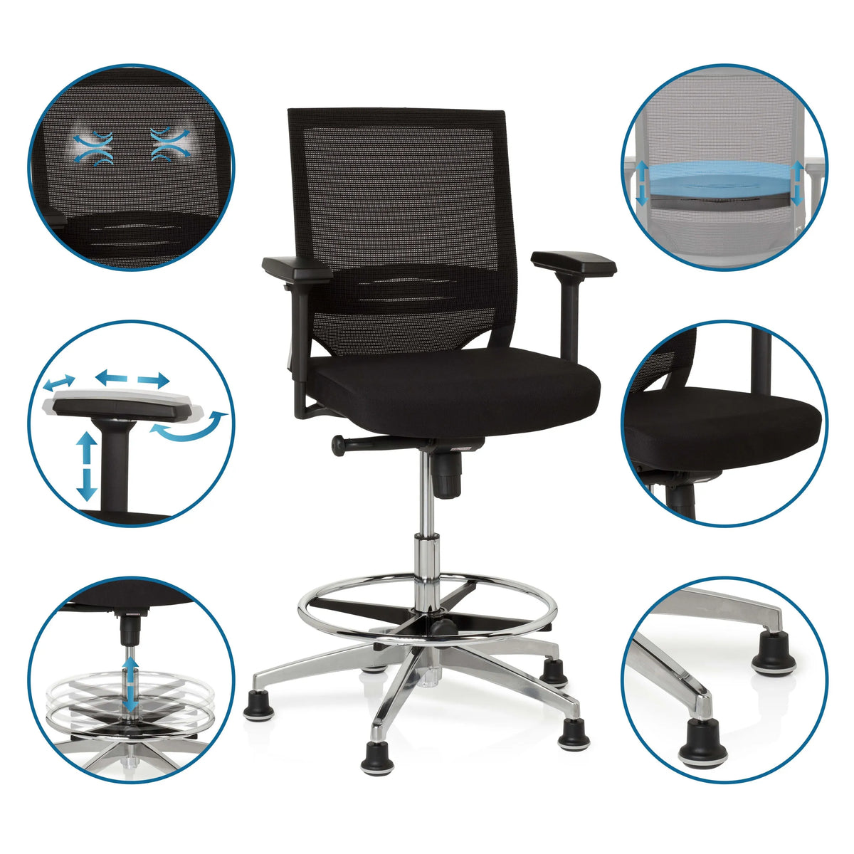 Black Counter chair TOP WORK 77 with mesh back, footring and glides by hjh OFFICE