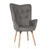 Grey Upholstered armchair HAVENIO I with button tufting, armrests and four wooden legs by hjh LIVING – 360-degree view (front view 15°)