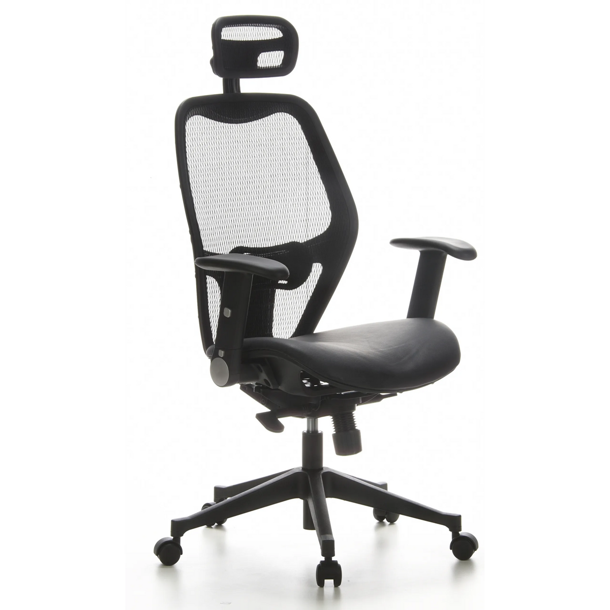 Black Professional Office ChAIR-PORT with mesh back, leather seat and five-caster base by hjh OFFICE – 360-degree view (front three-quarter view 40°)