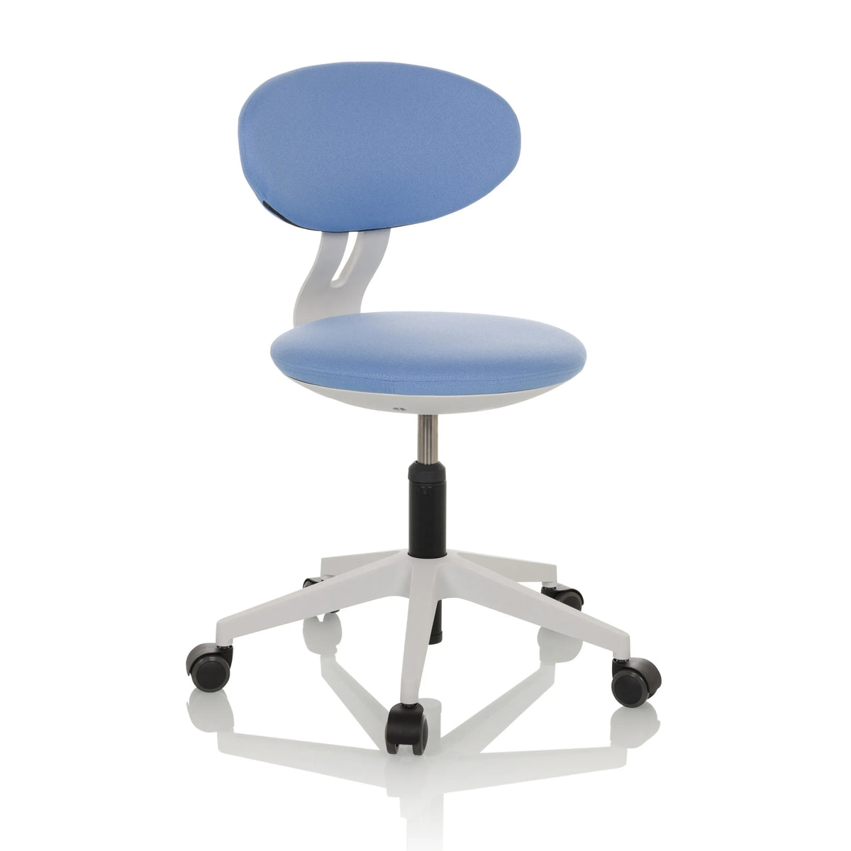 Blue Swivel Chair – Children MINIMOVO with white base and five castors by hjh OFFICE – 360-degree view (front three-quarter view 30°)