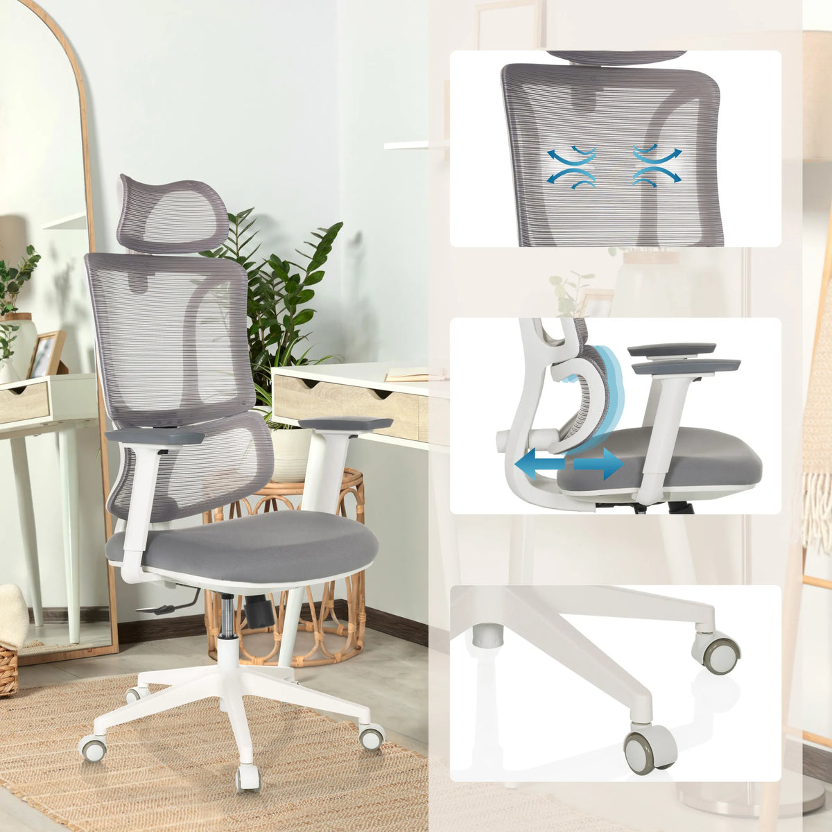 Professional Office Chair ERGOMY W in grey and white with mesh back, adjustable backrest mechanism and base by MyBuero