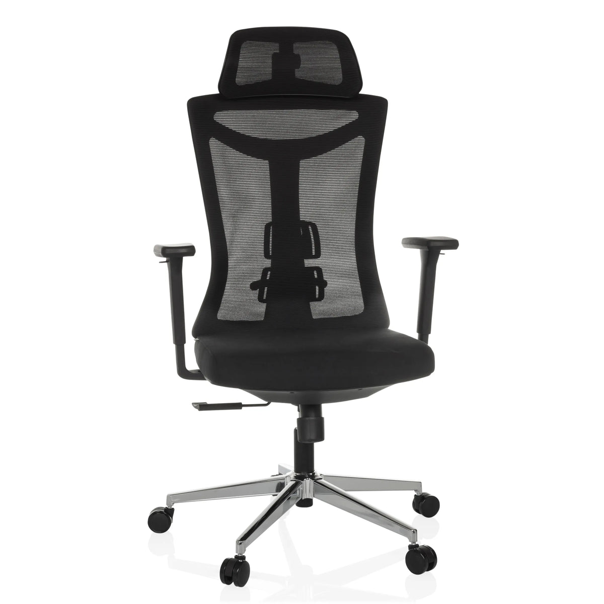 Black Professional Office Chair KAMIAK with mesh back and five-caster base by hjh OFFICE – 360-degree view (front view 15°)