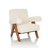 White Lounge Chair POOLY with textured upholstery and dark wooden legs by hjh LIVING – 360-degree view (front three-quarter view 30°)
