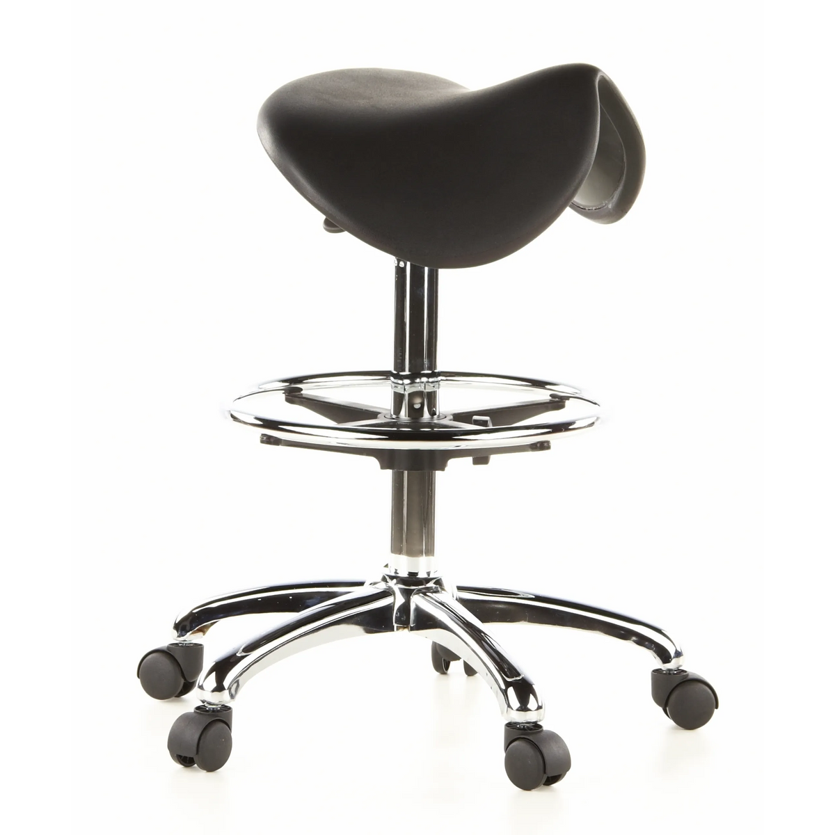 Black Saddle stool TOP WORK 13 with foot ring and five-caster base by hjh OFFICE – 360-degree view (front three-quarter view 60°)