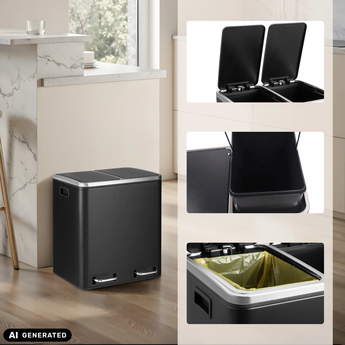 Clean 9 wastepaper bin in black with two compartments and removable inner bucket by hjh OFFICE (AI-generated image)