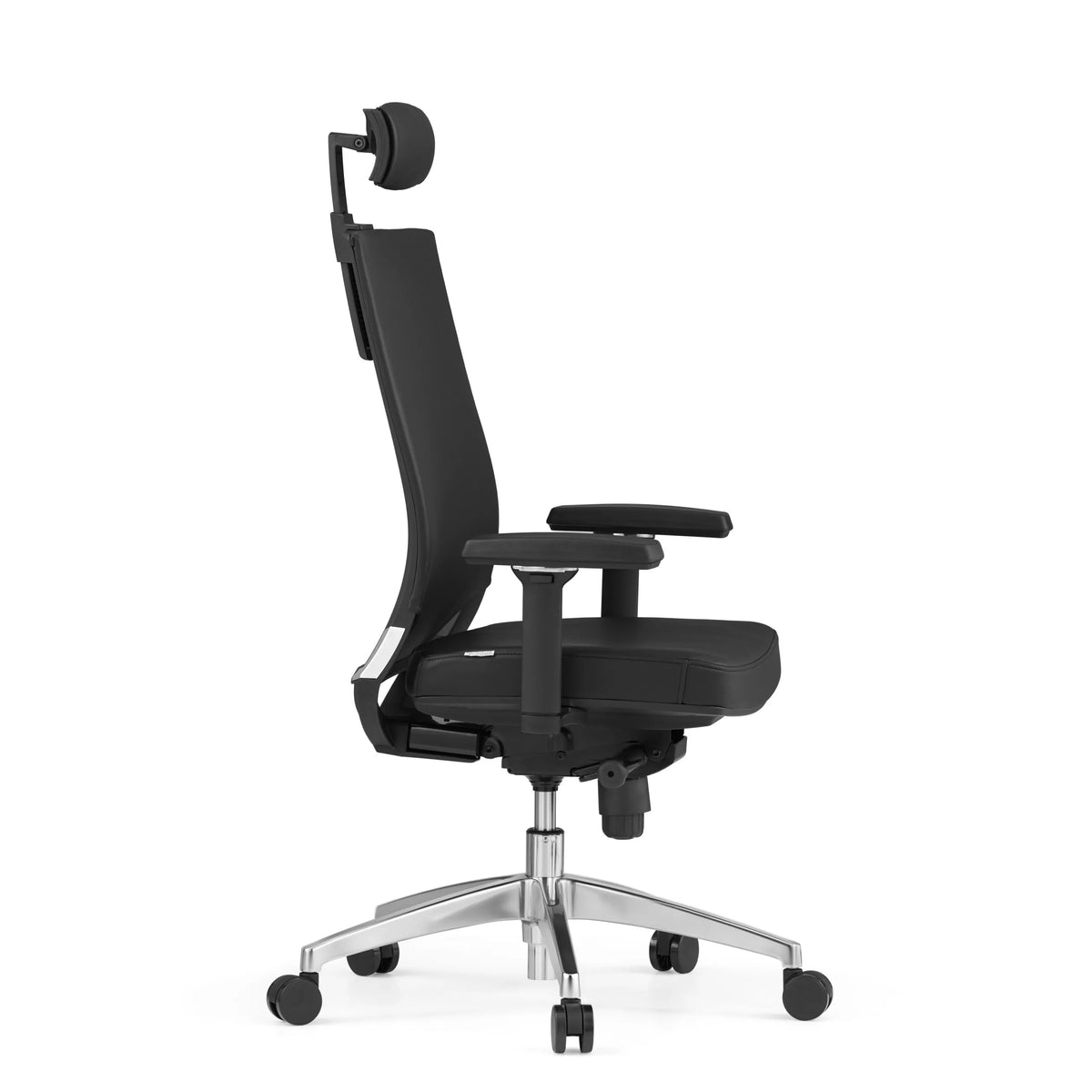 Black Professional Office Chair PORTO MAX HIGH made of leather with headrest and five-caster base by hjh OFFICE – 360-degree view (side profile 75°)