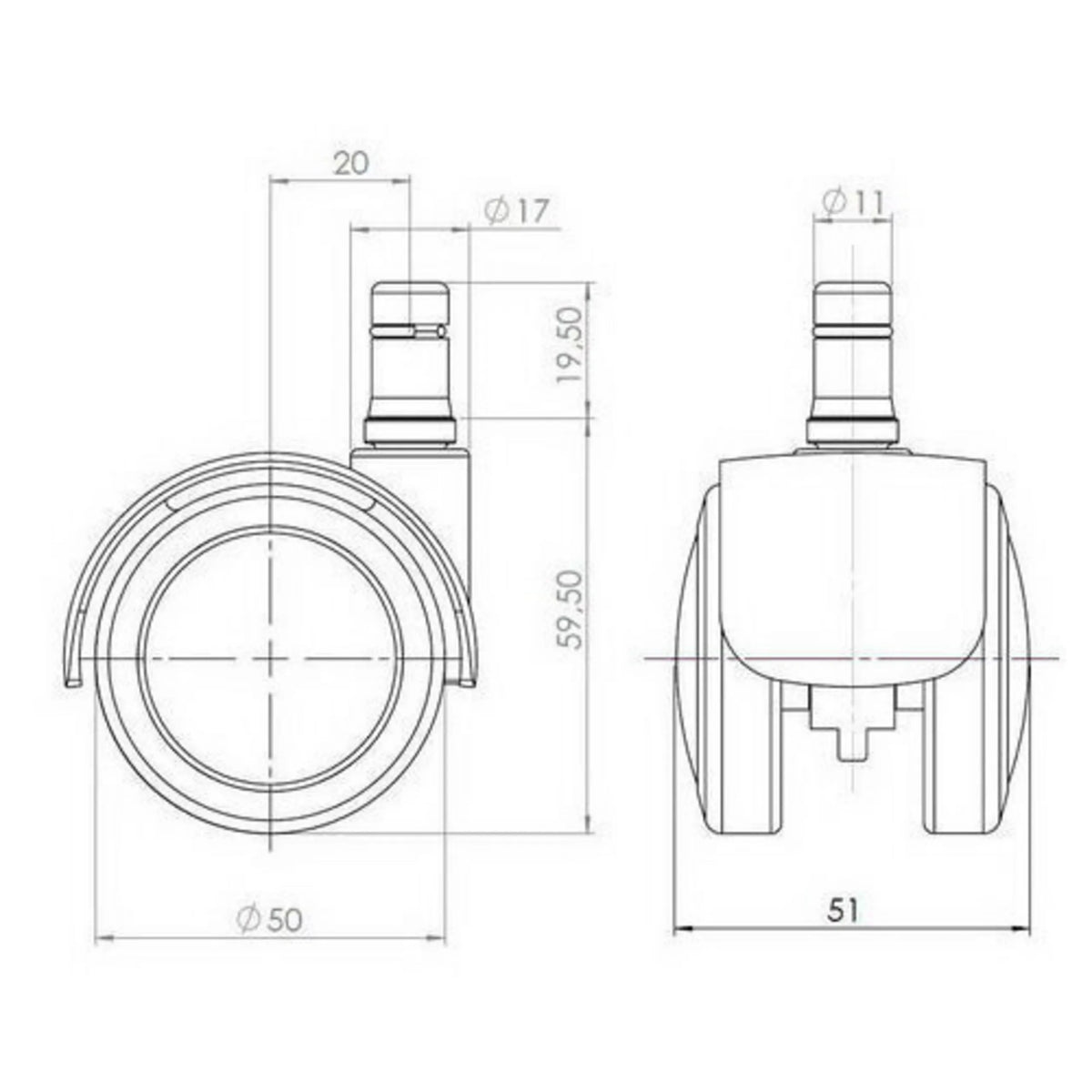 Technical drawing of the 50 mm diameter Castors 5x ROLO FIX 11mm/50mm by hjh OFFICE