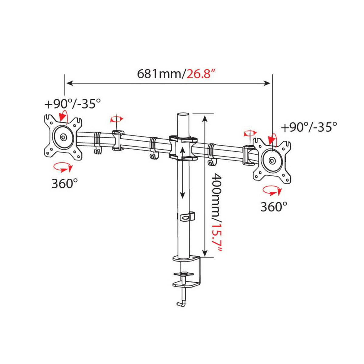 Technical drawing of the Monitor Mount VM-MF2 with a width of 681 mm by hjh OFFICE