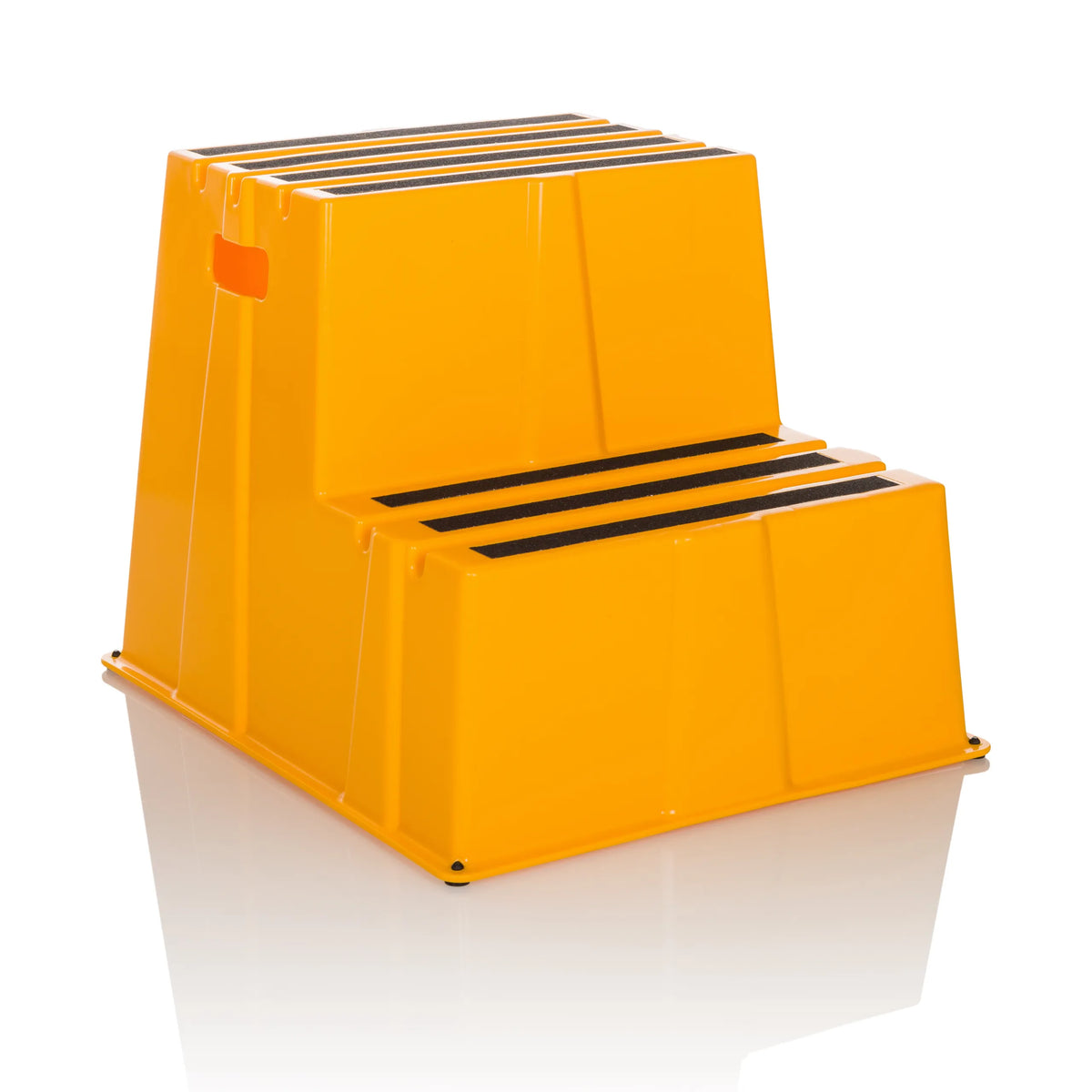 Yellow Step stool TIO-E2 with two steps and non-slip treads by hjh OFFICE – 360-degree view (front three-quarter view 30°)