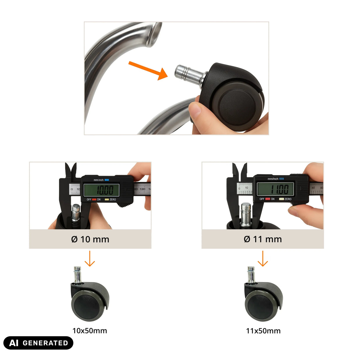Sizing of 5x ROLO EASY 10mm/50mm castors with 10 mm and 11 mm by hjh OFFICE (AI-generated image)