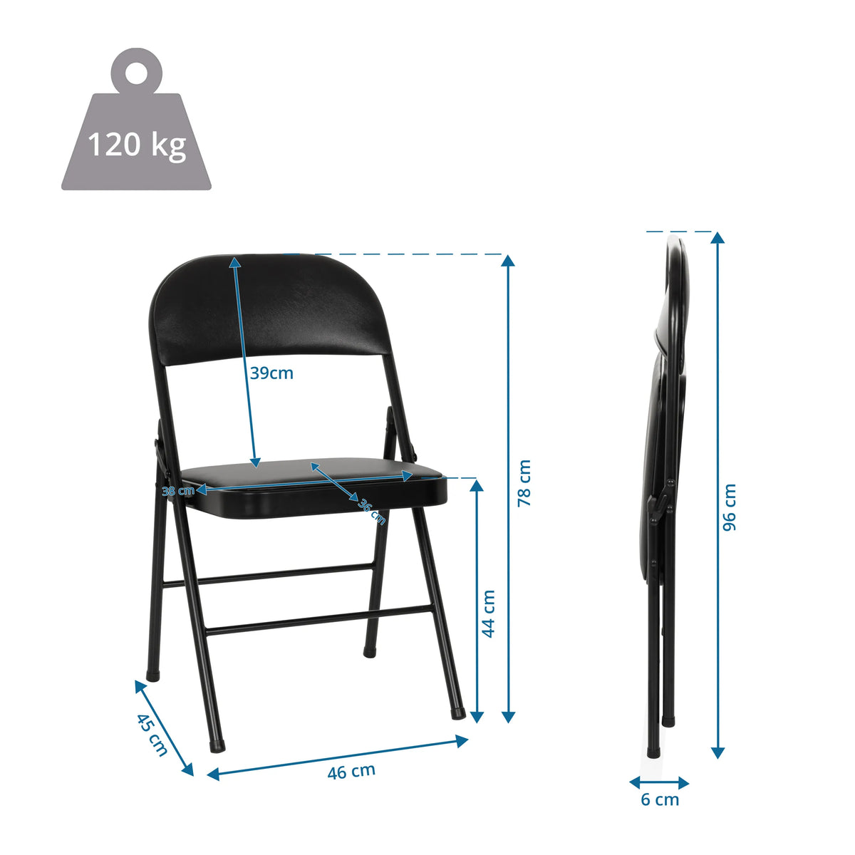 Dimensional drawing of the Folding chair TUDELA H with a total height of 96 cm and 120 kg load capacity by hjh OFFICE
