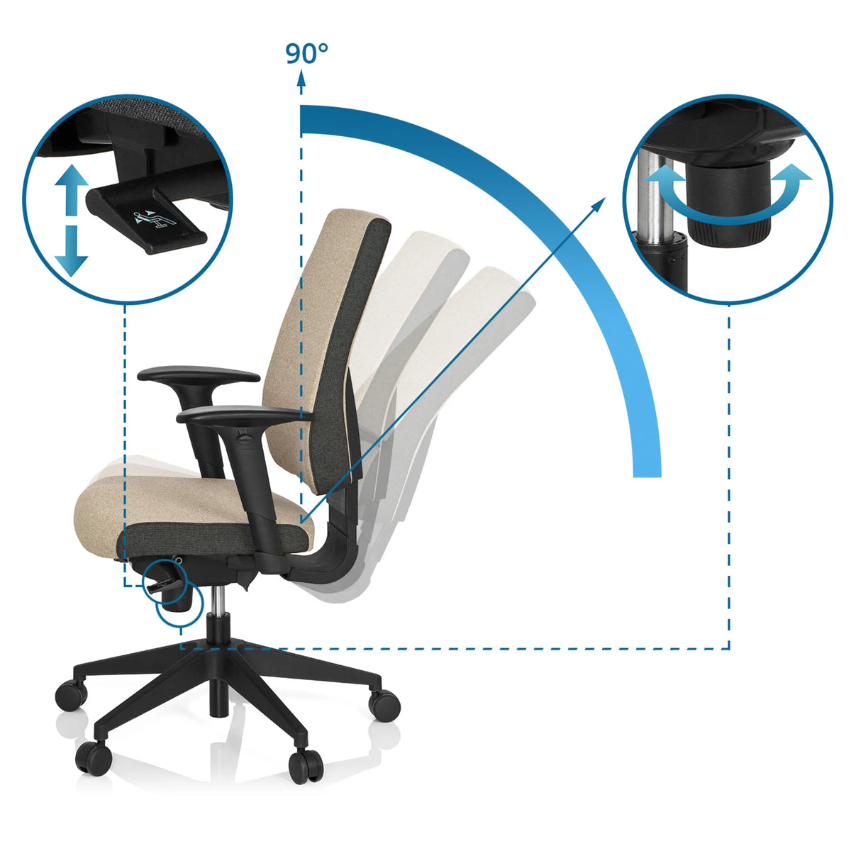 Adjustment mechanisms of the Professional Office Chair PRO-TEC 500 with 90° tilt by hjh OFFICE