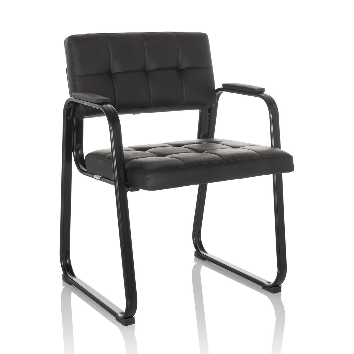 Black guest chair ZANTA B PU with quilted upholstery and armrests by hjh OFFICE – 360-degree view (front three-quarter view 30°)