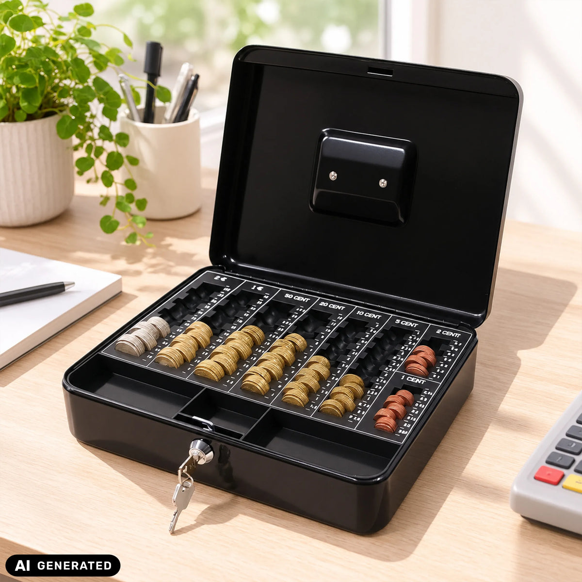 Black SAFE cash box with coin compartments, lock and two keys by hjh OFFICE (AI-generated image)