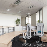 Two grey HALIFAX WORK counter chairs with mesh backs and footrests at a curved desk by hjh OFFICE