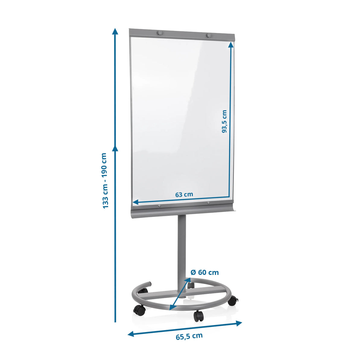 Dimensional drawing of the Whiteboard MULTIBOARD with a height of 133 to 190 cm by hjh OFFICE